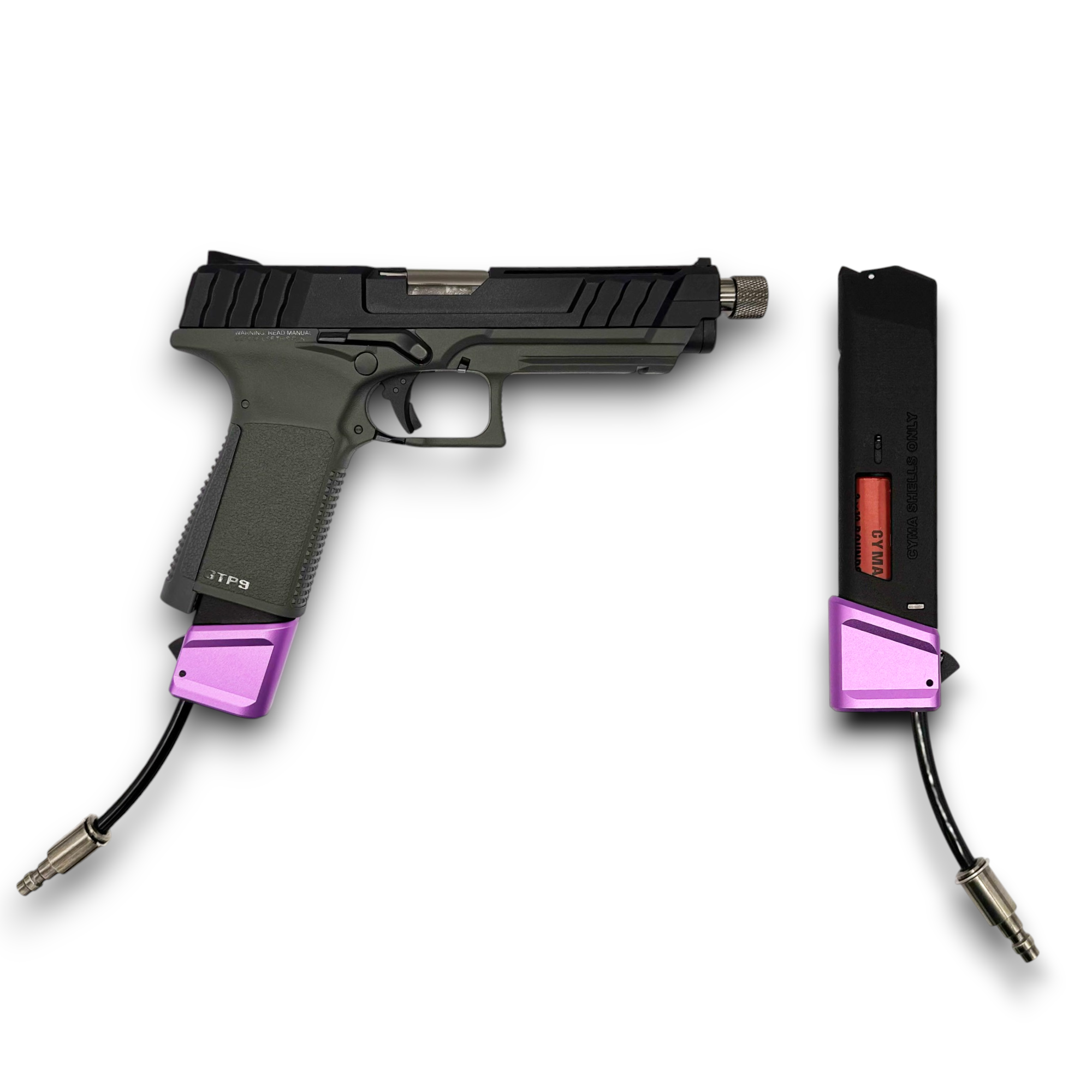 Photo of AIRTAC X T1P GTP9 Shotgun Shell HPA Adapter with purple base on right and in RIF on left