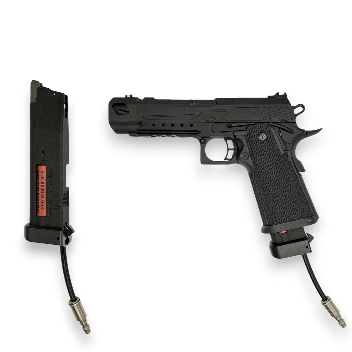 Photos of T1P Hi-Capa Shotgun Shell Adapter with black CNC base and in RIF
