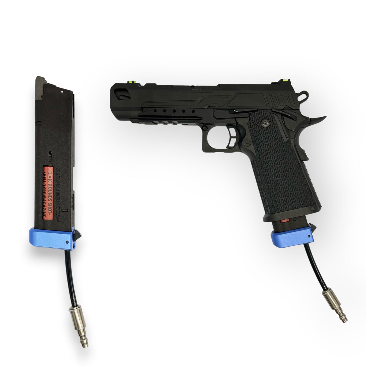 Photos of T1P Hi-Capa Shotgun Shell Adapter with blue CNC base and in RIF