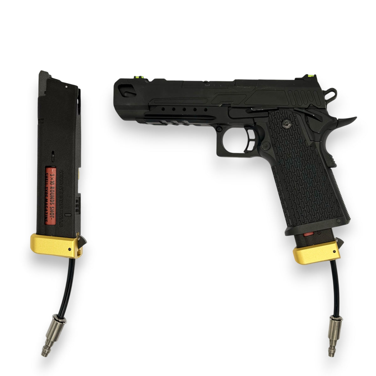 Photos of T1P Hi-Capa Shotgun Shell Adapter with gold CNC base and in RIF