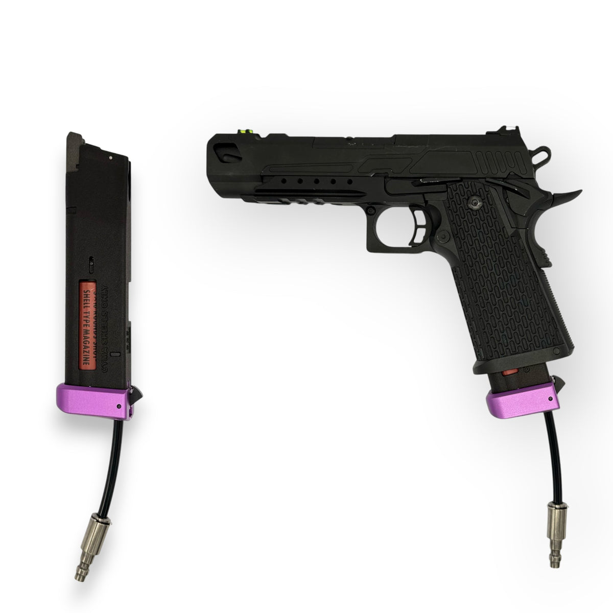 Photos of T1P Hi-Capa Shotgun Shell Adapter with purple CNC base and in RIF
