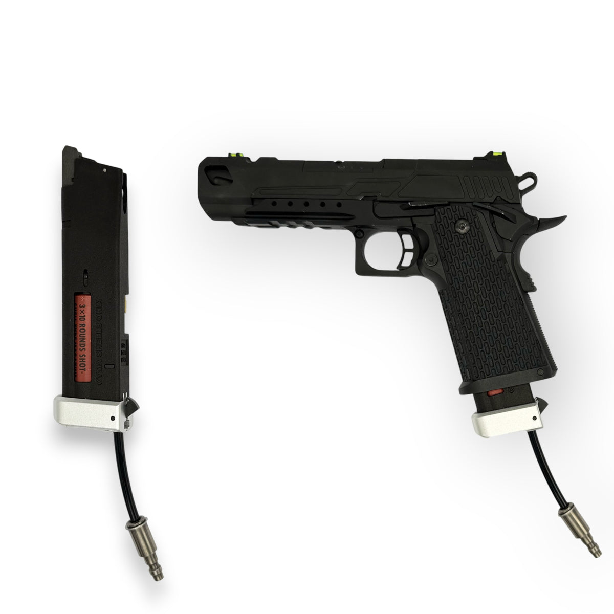 Photos of T1P Hi-Capa Shotgun Shell Adapter with raw anodized CNC base and in RIF