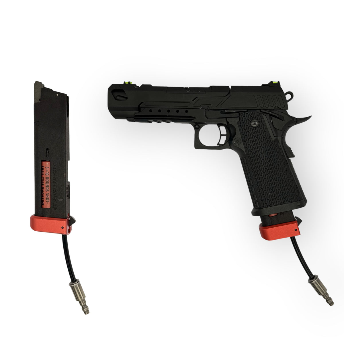 Photos of T1P Hi-Capa Shotgun Shell Adapter with red CNC base and in RIF