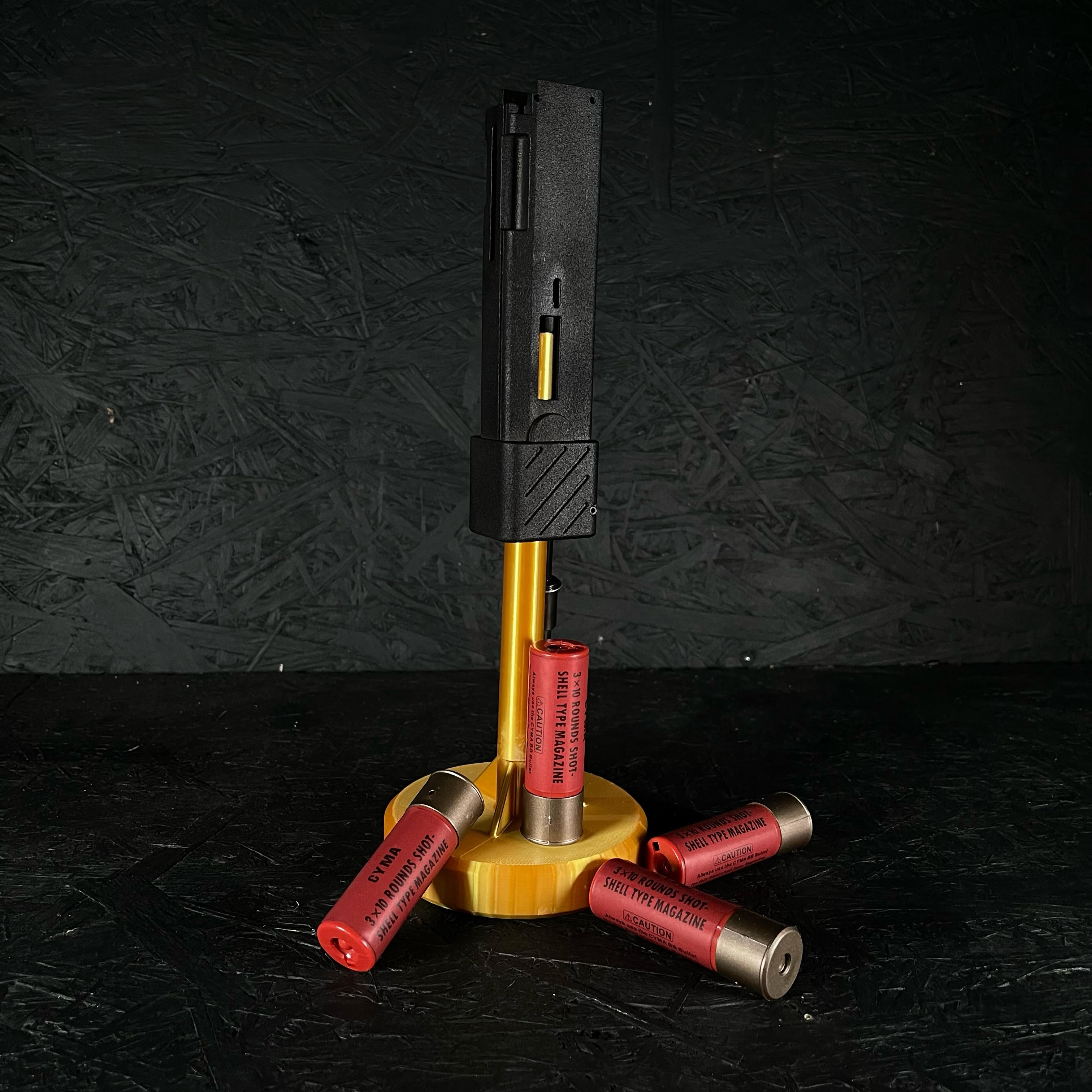 Photo of AIRTAC KWA/KSC MP9/Beretta PMX Shotgun Shell HPA Adapter with gold stand and shells