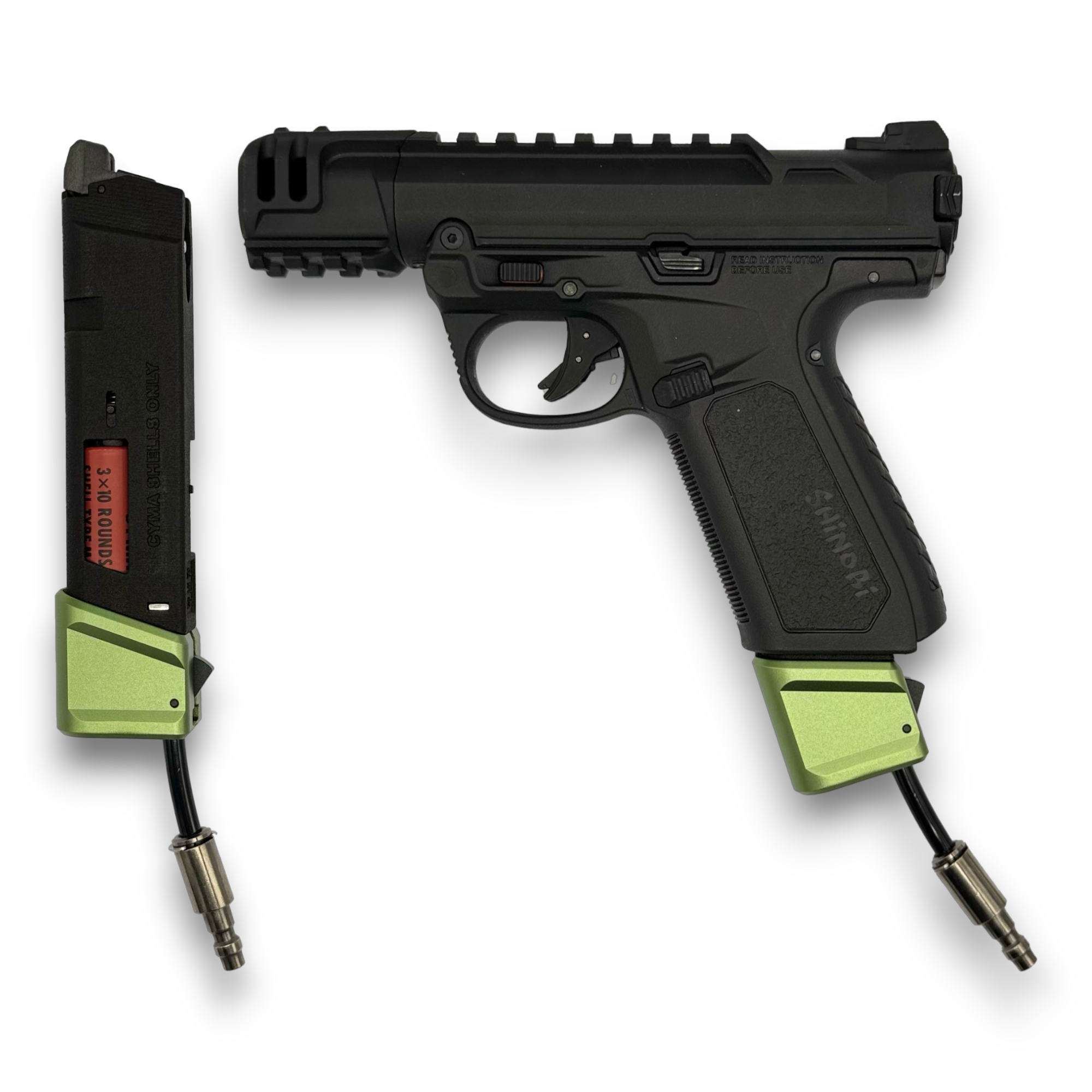 Photos of AIRTAC X T1P GLK/AAP Shotgun Shell Adapter with a green base on a white background
