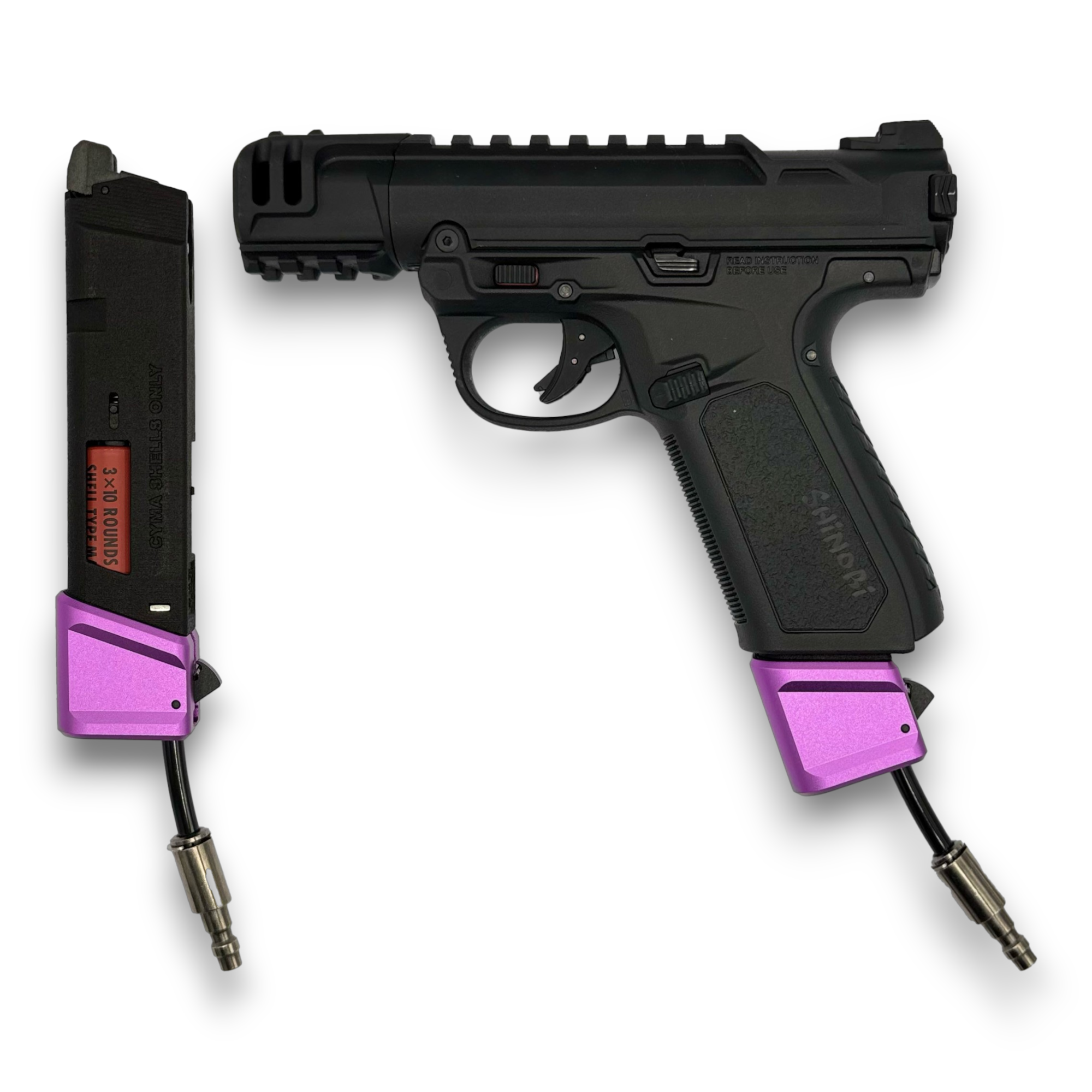 Photos of AIRTAC X T1P GLK/AAP Shotgun Shell Adapter with a purple base on a white background