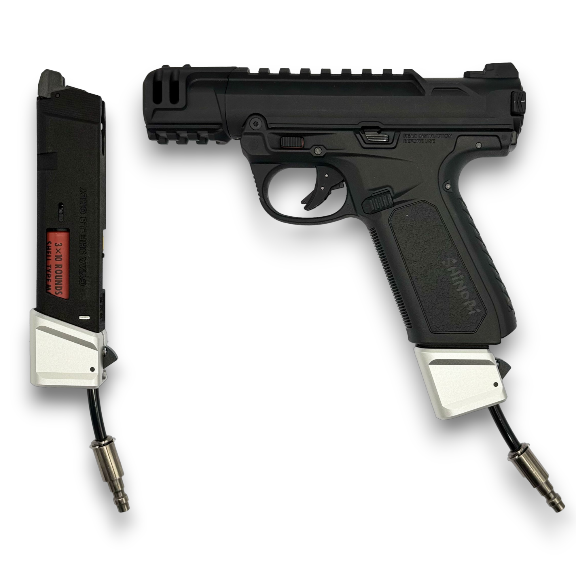 Photos of AIRTAC X T1P GLK/AAP Shotgun Shell Adapter with a raw anodized base on a white background