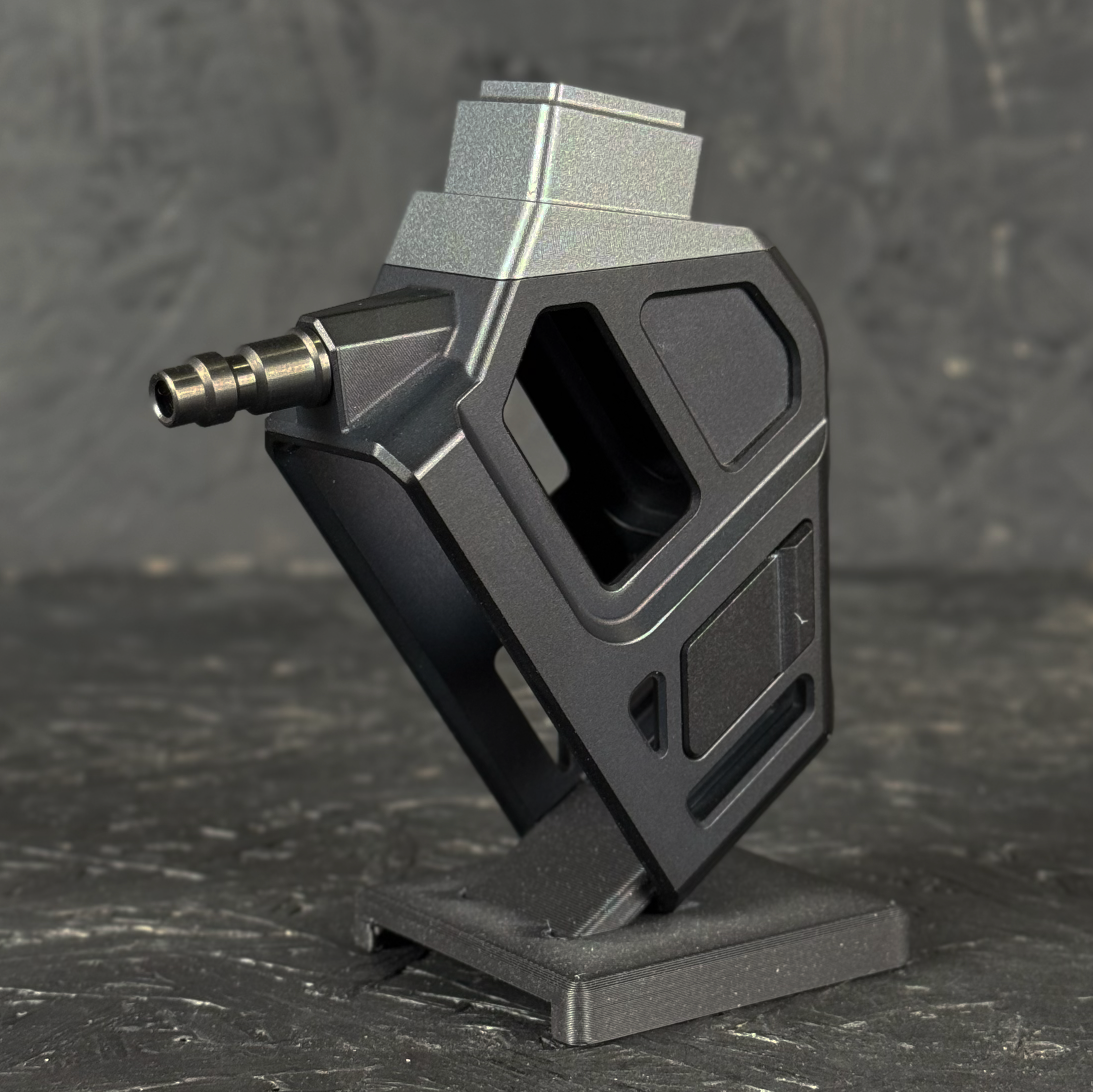 Photo of T1P CNC Angled HPA Adapter - GLK / AAP - gunmetal top, blue base, black catch