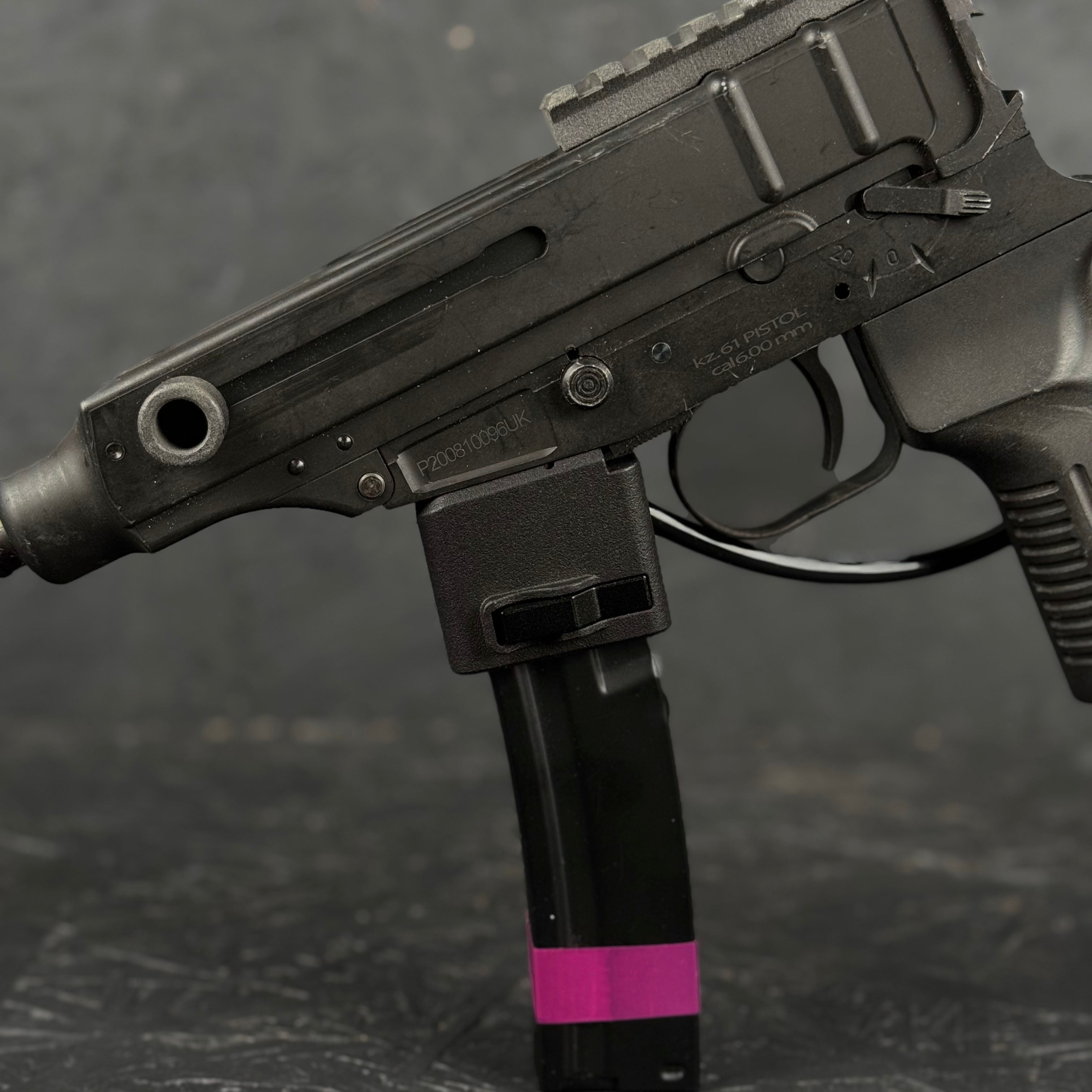 Close up photo of AIRTAC KWA VZ61 to MP5 HPA Adapter with magazine in RIF