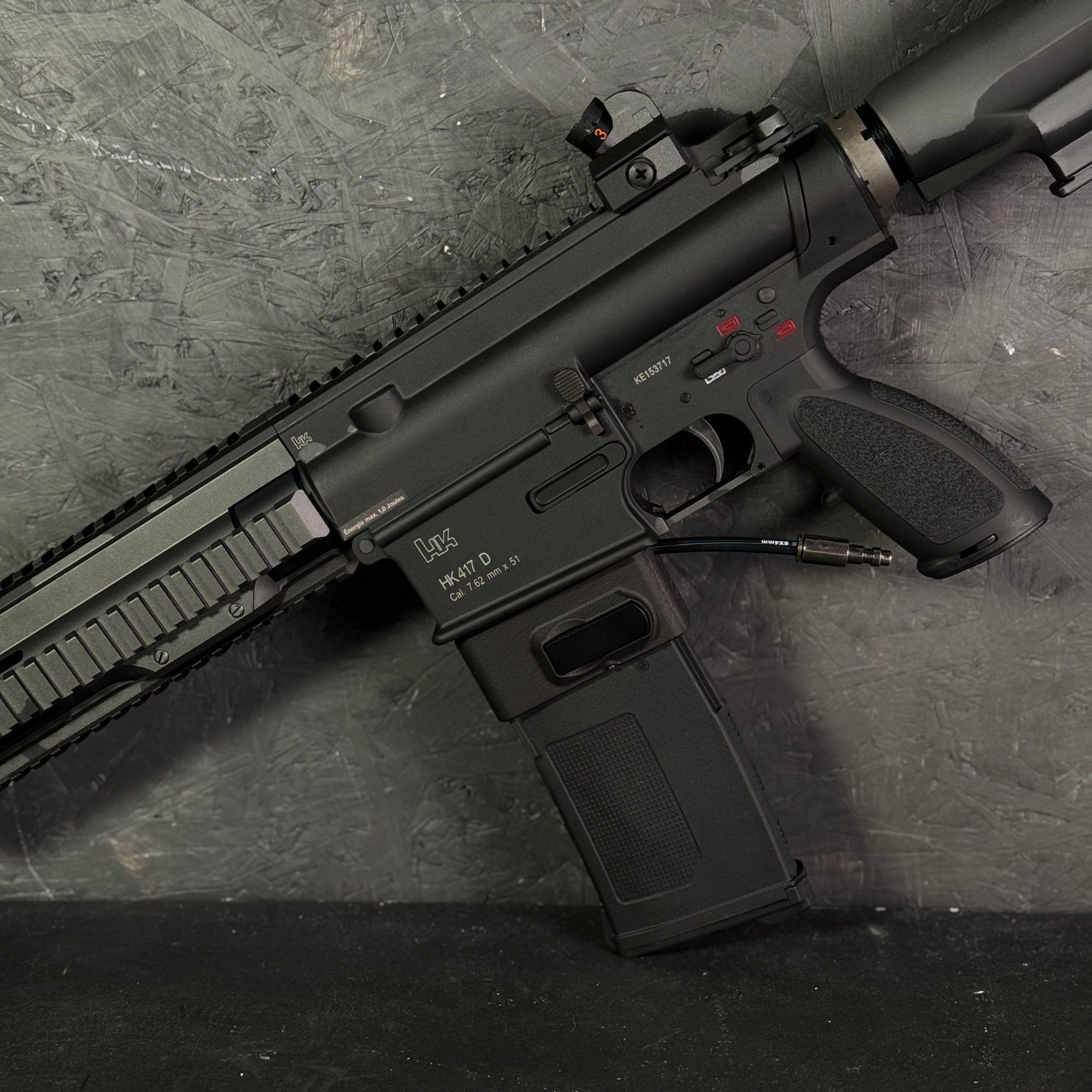 Close up photo of AIRTAC VFC 417 HPA Adapter with SR25 magwell and magazine in RIF